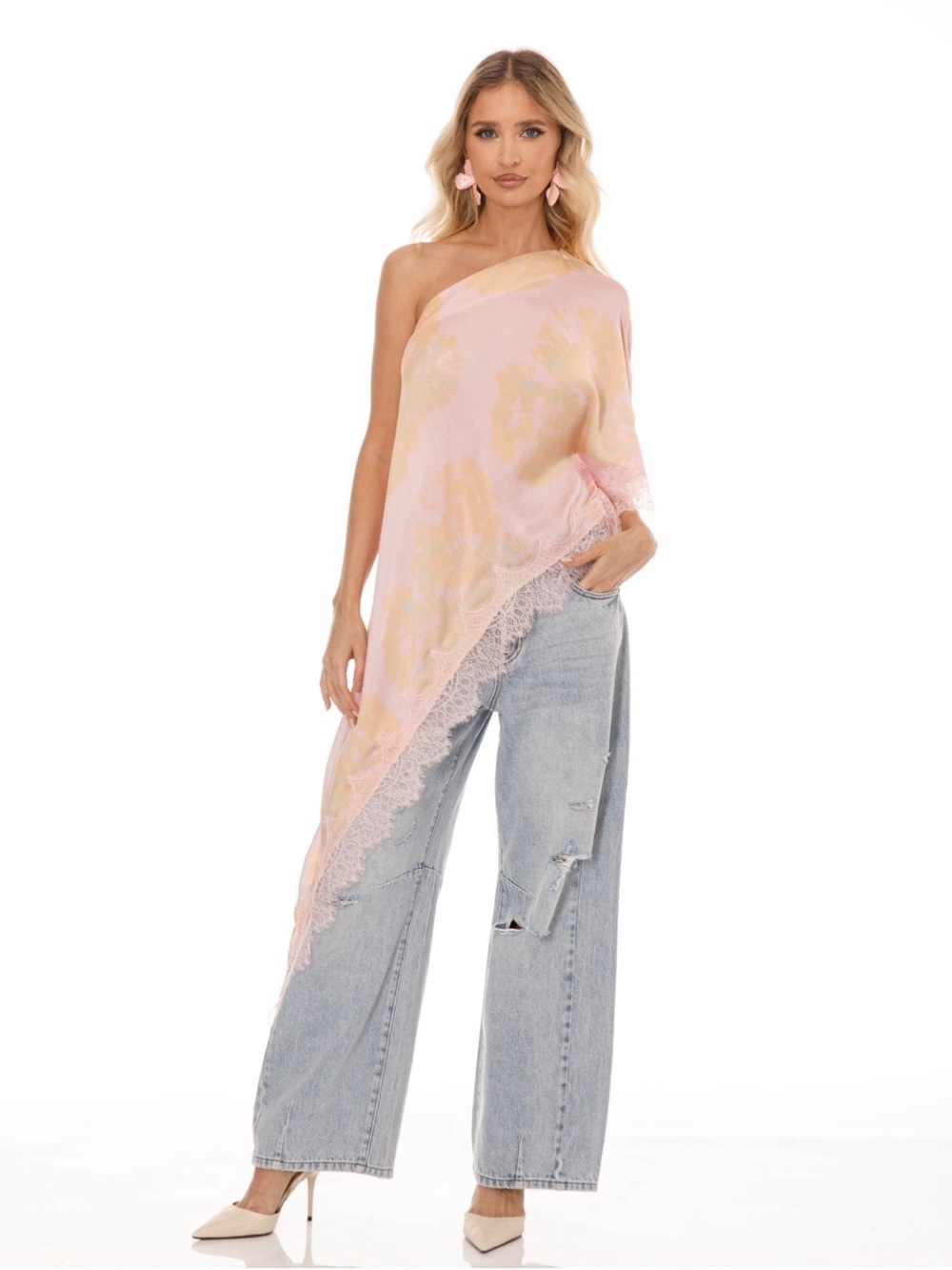 One-Shoulder Blush Mirage Lace-Trim Asymmetrical Pink Draped Top
